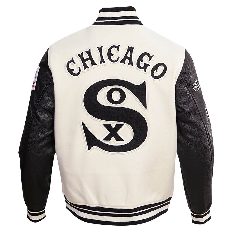 MLB CHICAGO WHITE SOX RETRO CLASSIC BLOUSON COLLÉGIAL EN LAINE À BORDS CÔTELÉS POUR HOMME (COQUILLE D'ŒUF/NOIR)