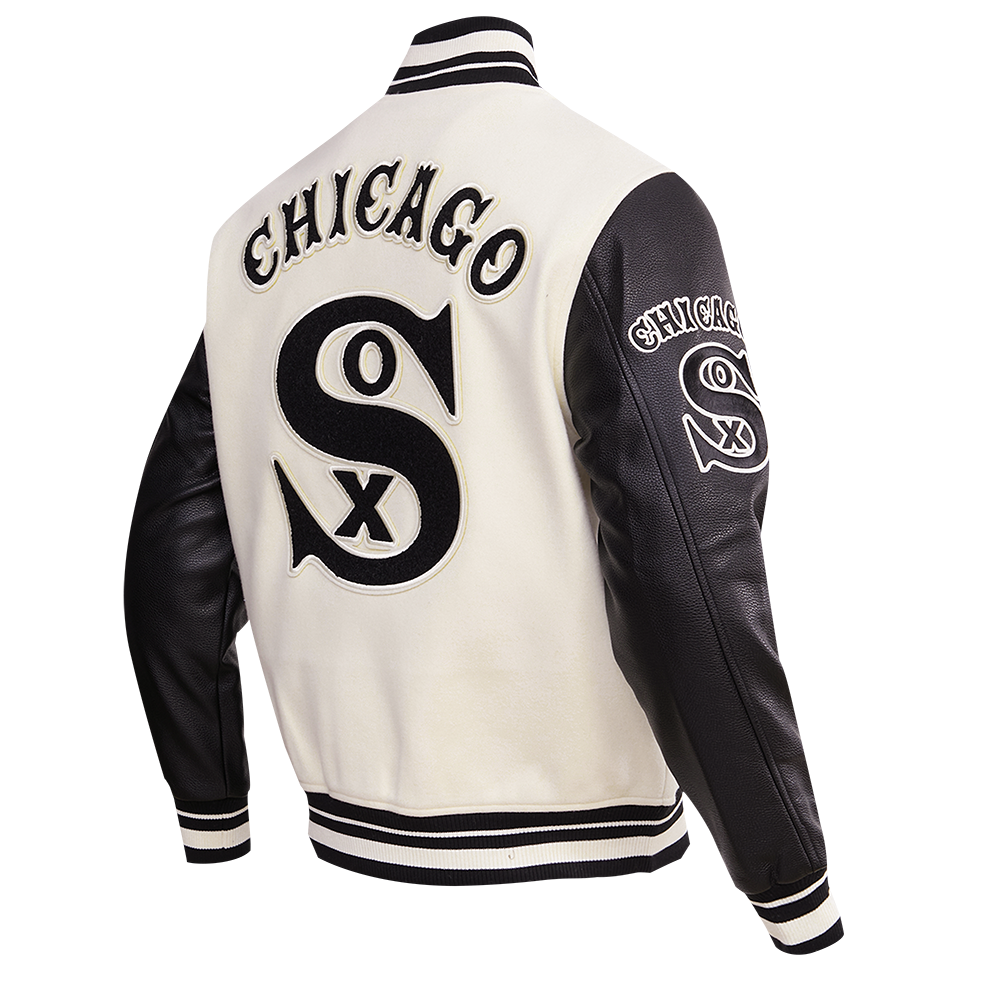 MLB CHICAGO WHITE SOX RETRO CLASSIC BLOUSON COLLÉGIAL EN LAINE À BORDS CÔTELÉS POUR HOMME (COQUILLE D'ŒUF/NOIR)