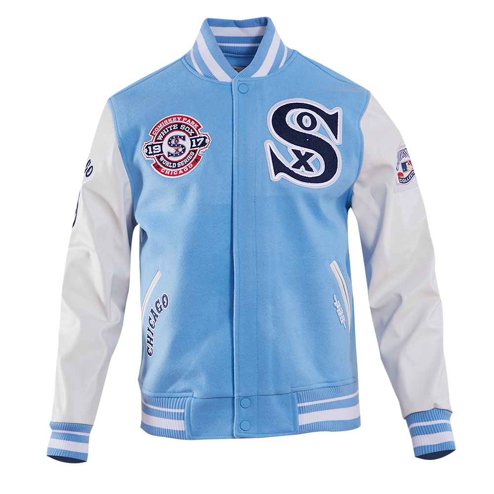 MLB CHICAGO WHITE SOX RETRO CLASSIC BLOUSON COLLÉGIAL EN LAINE À BORDS CÔTELÉS POUR HOMME (BLEU UNIVERSITÉ/BLANC)