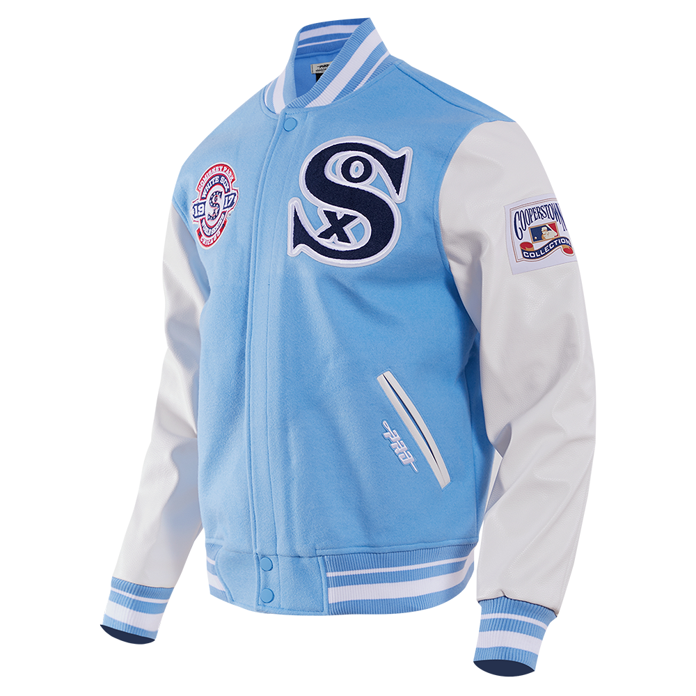 MLB CHICAGO WHITE SOX RETRO CLASSIC BLOUSON COLLÉGIAL EN LAINE À BORDS CÔTELÉS POUR HOMME (BLEU UNIVERSITÉ/BLANC)