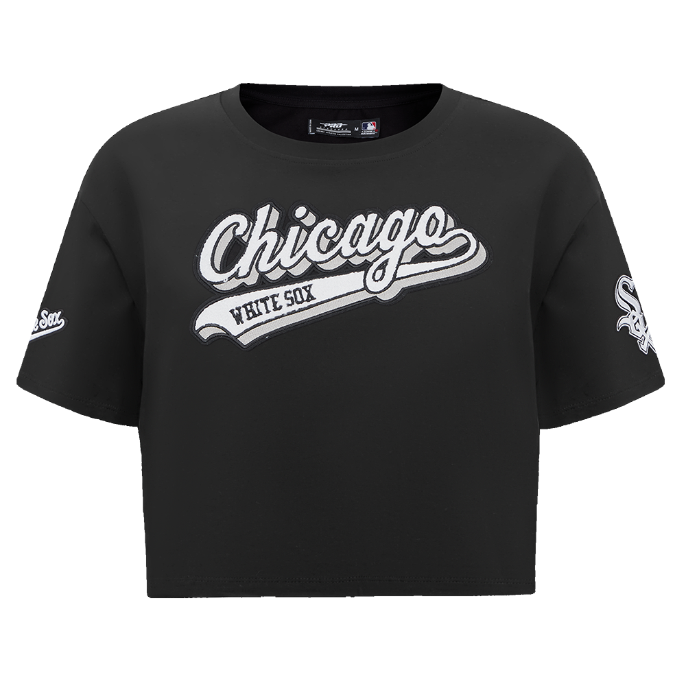MLB CHICAGO WHITE SOX SCRIPT TAIL HAUT EN JERSEY SIMPLE À COUPE CARRÉE POUR FEMME (NOIR)