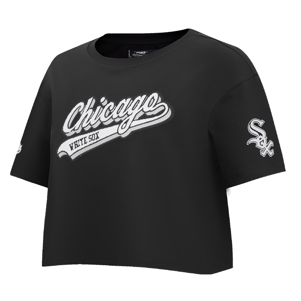 MLB CHICAGO WHITE SOX SCRIPT TAIL HAUT EN JERSEY SIMPLE À COUPE CARRÉE POUR FEMME (NOIR)