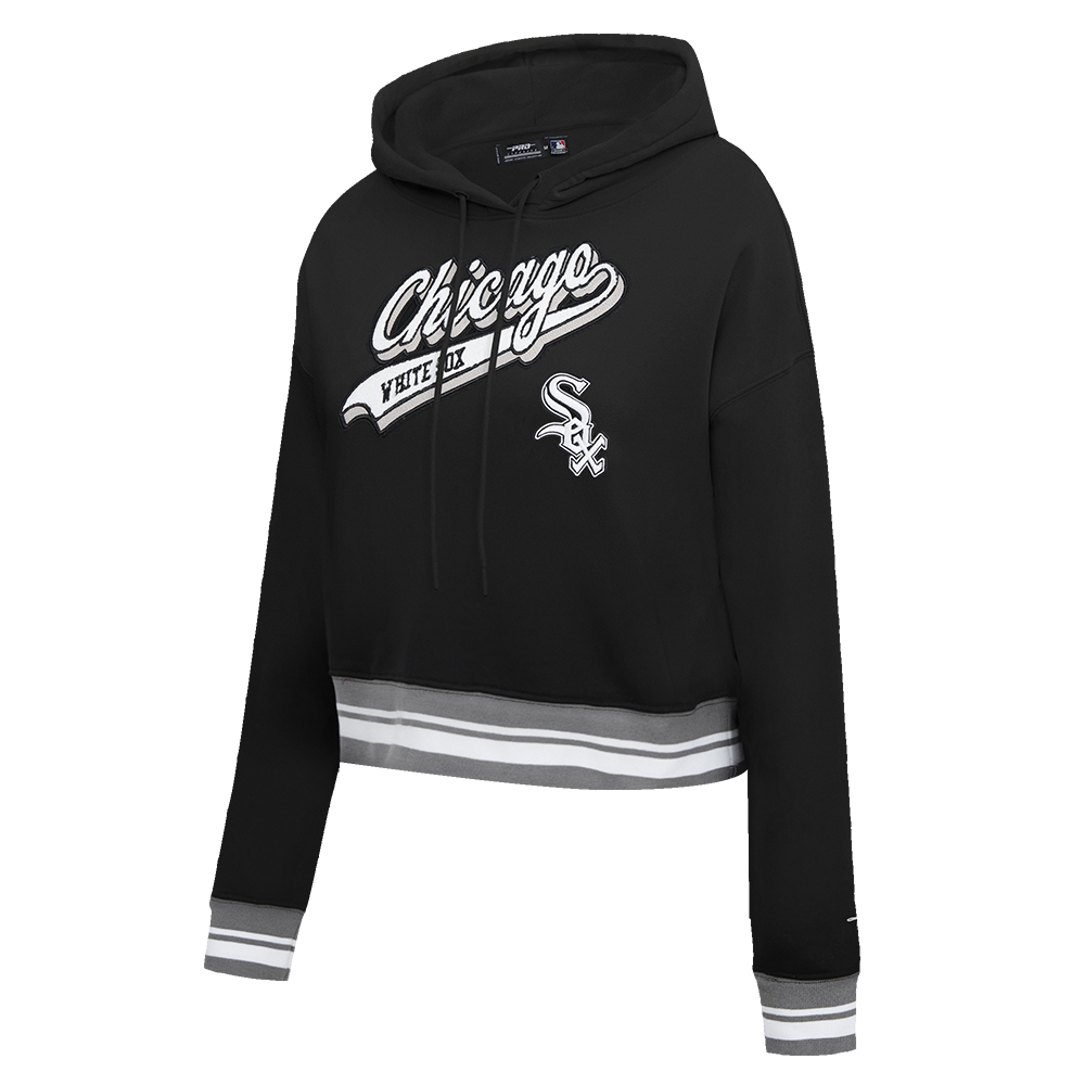 MLB CHICAGO WHITE SOX SCRIPT TAIL WOMEN'S RIB FLEECE CROPPED PULLOVER HOODIE (BLACK/GRAY)