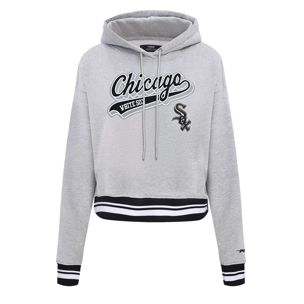 MLB CHICAGO WHITE SOX SCRIPT TAIL WOMEN'S RIB FLEECE CROPPED PULLOVER HOODIE (HEATHER GRAY/BLACK)