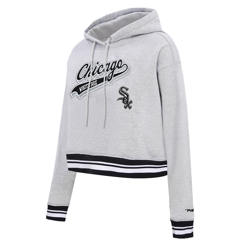 MLB CHICAGO WHITE SOX SCRIPT TAIL WOMEN'S RIB FLEECE CROPPED PULLOVER HOODIE (HEATHER GRAY/BLACK)