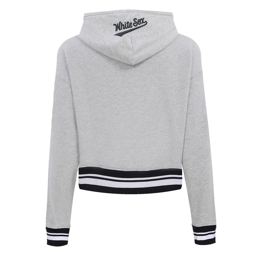 MLB CHICAGO WHITE SOX SCRIPT TAIL WOMEN'S RIB FLEECE CROPPED PULLOVER HOODIE (HEATHER GRAY/BLACK)