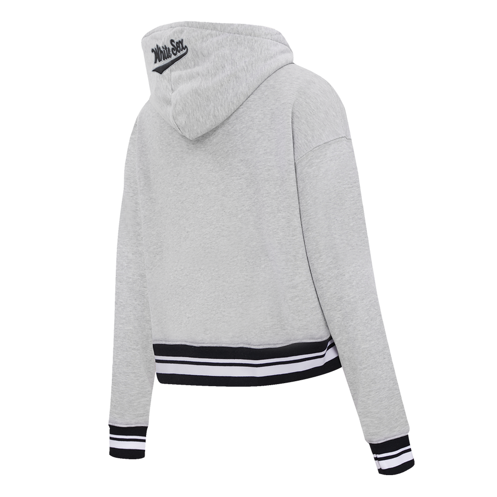 MLB CHICAGO WHITE SOX SCRIPT TAIL WOMEN'S RIB FLEECE CROPPED PULLOVER HOODIE (HEATHER GRAY/BLACK)