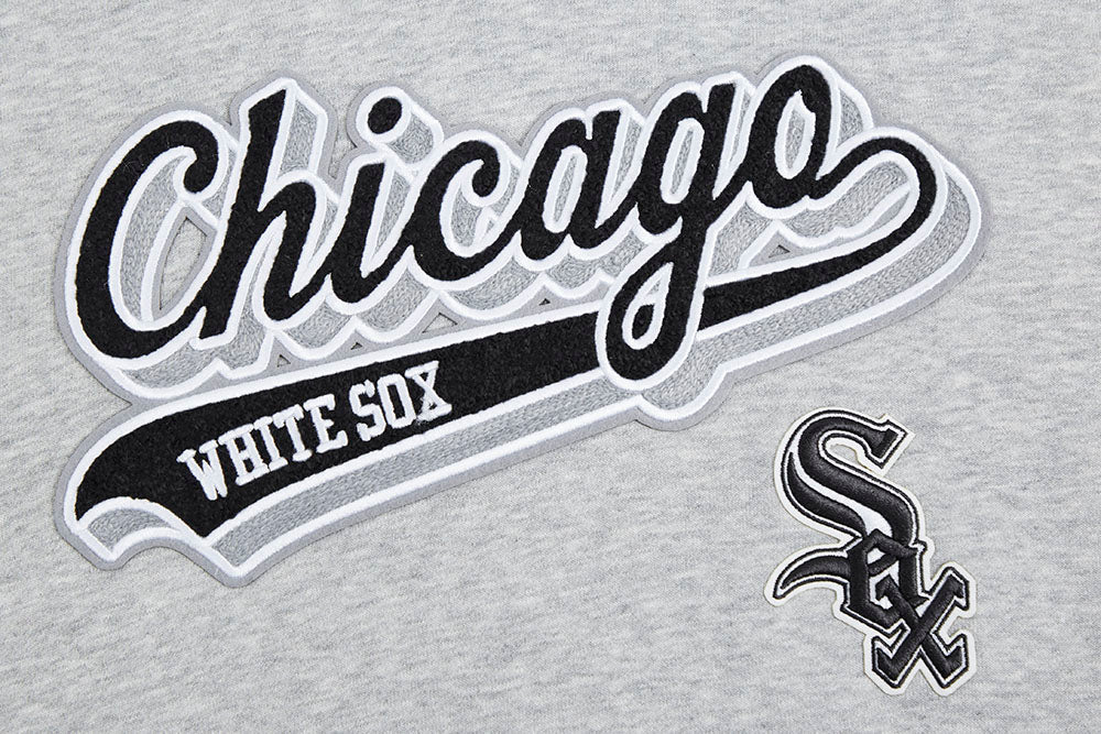 MLB CHICAGO WHITE SOX SCRIPT TAIL WOMEN'S RIB FLEECE CROPPED PULLOVER HOODIE (HEATHER GRAY/BLACK)