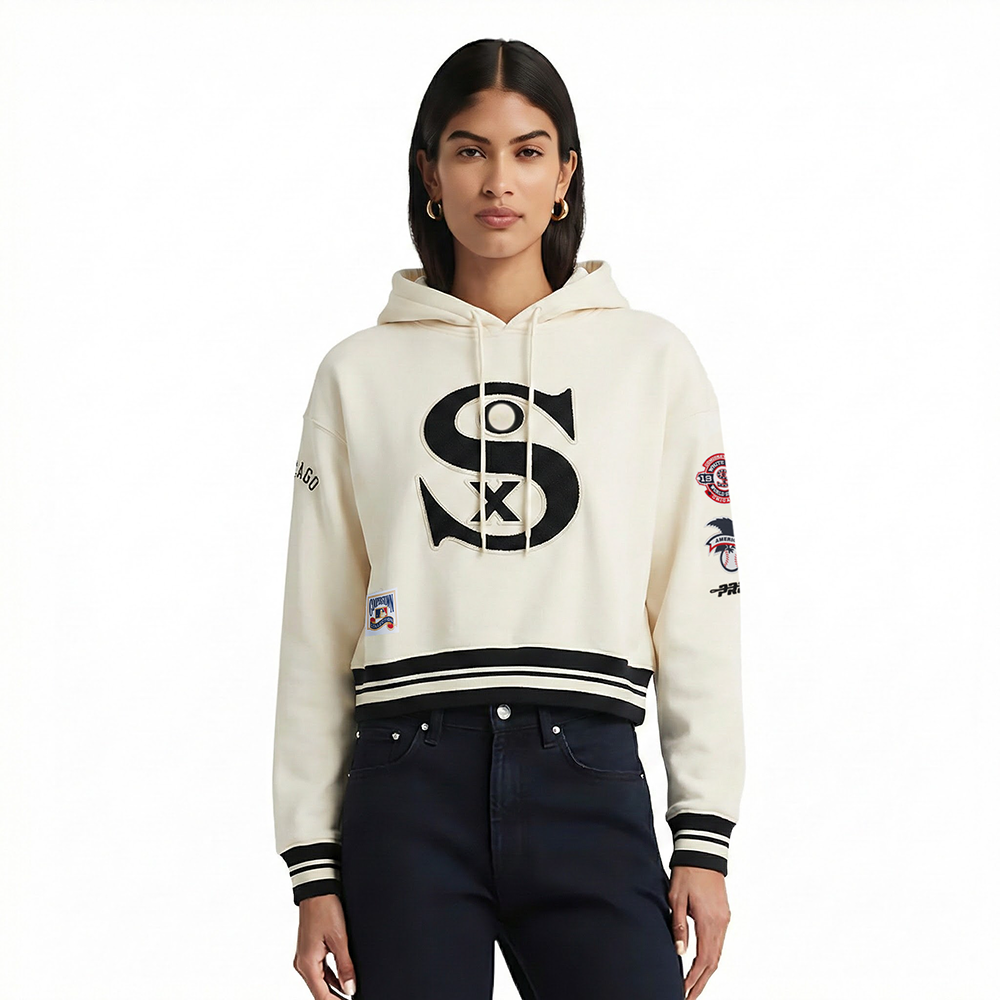 MLB CHICAGO WHITE SOX  RETRO CLASSIC WOMEN'S RIB FLC CROPPED PO HOODIE (EGGSHELL/ BLACK)