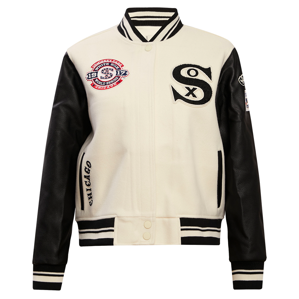 MLB CHICAGO WHITE SOX RETRO CLASSIC BLOUSON COLLÉGIAL EN LAINE À BORDS CÔTELÉS POUR FEMME (COQUILLE D'ŒUF/NOIR)