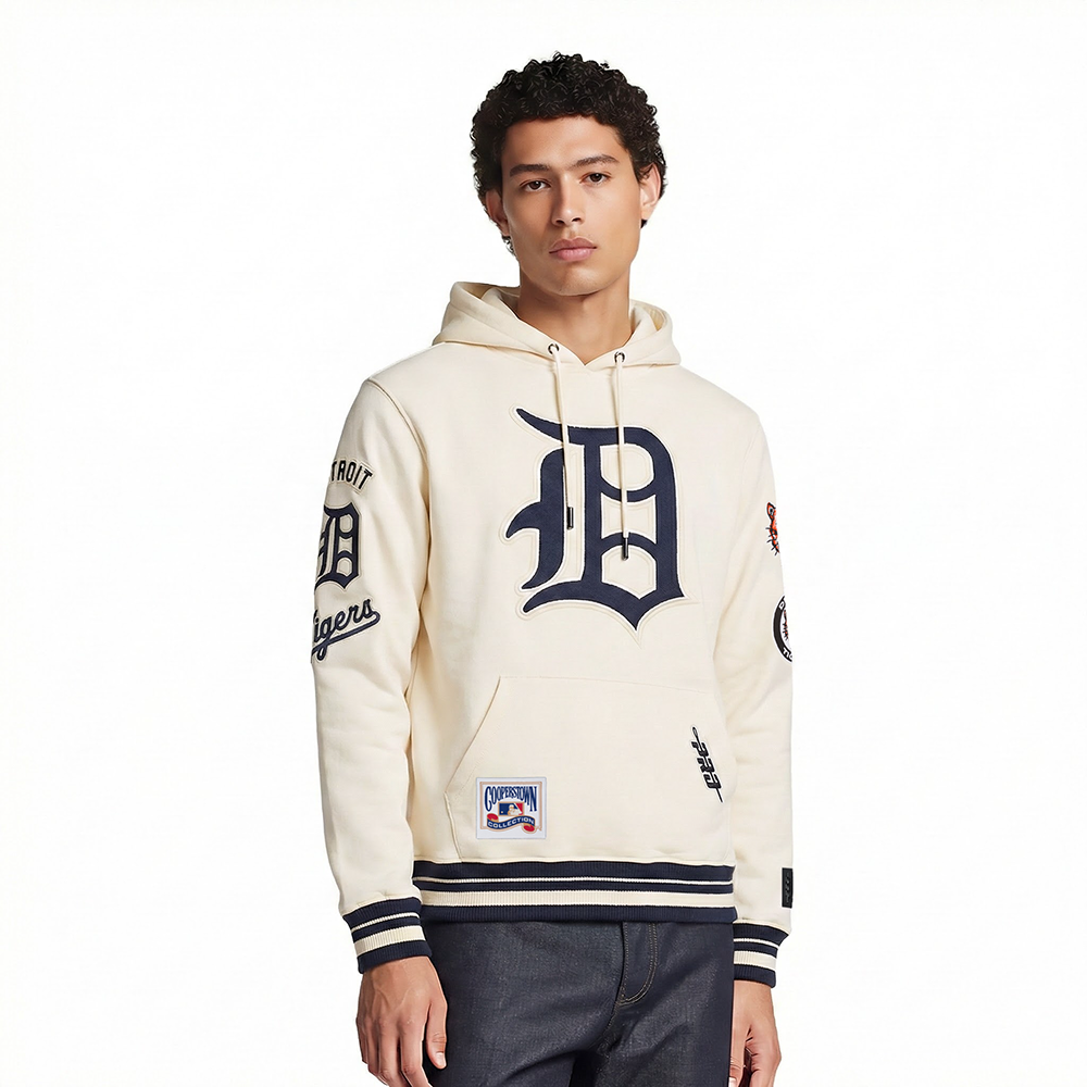 MLB DETROIT TIGERS RETRO CLASSICS CHANDAIL À CAPUCHON EN MOLLETON CÔTELÉ POUR HOMME (COQUILLE D'ŒUF/MARINE MINUIT)