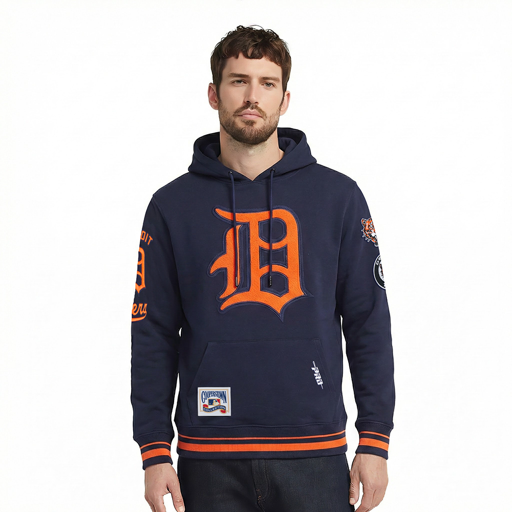 MLB DETROIT TIGERS RETRO CLASSICS MEN'S RIB FLC PO HOODIE (MIDNIGHT NAVY/ORANGE/MIDNIGHT NAVY)