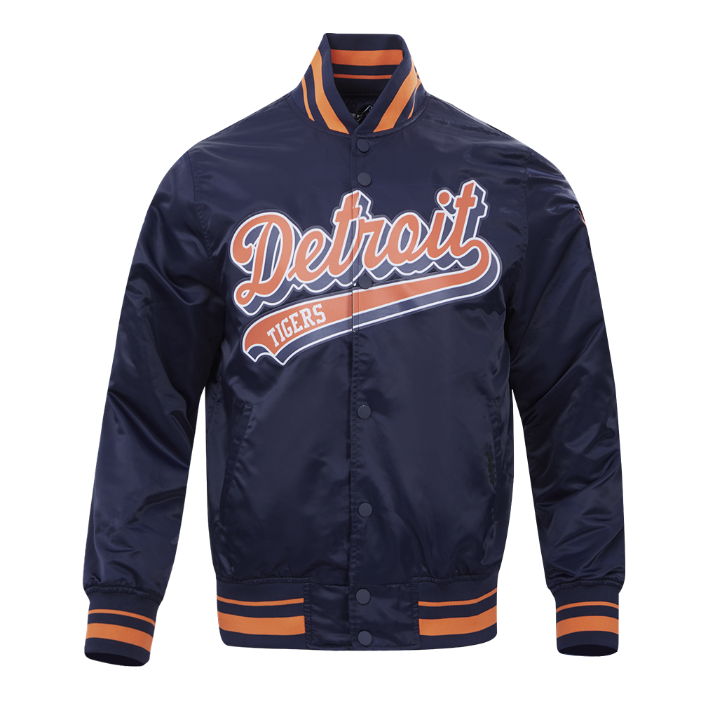 MLB DETROIT TIGERS SCRIPT TAIL MEN'S SATIN JACKET (MIDNIGHT NAVY/ORANGE/MIDNIGHT NAVY)