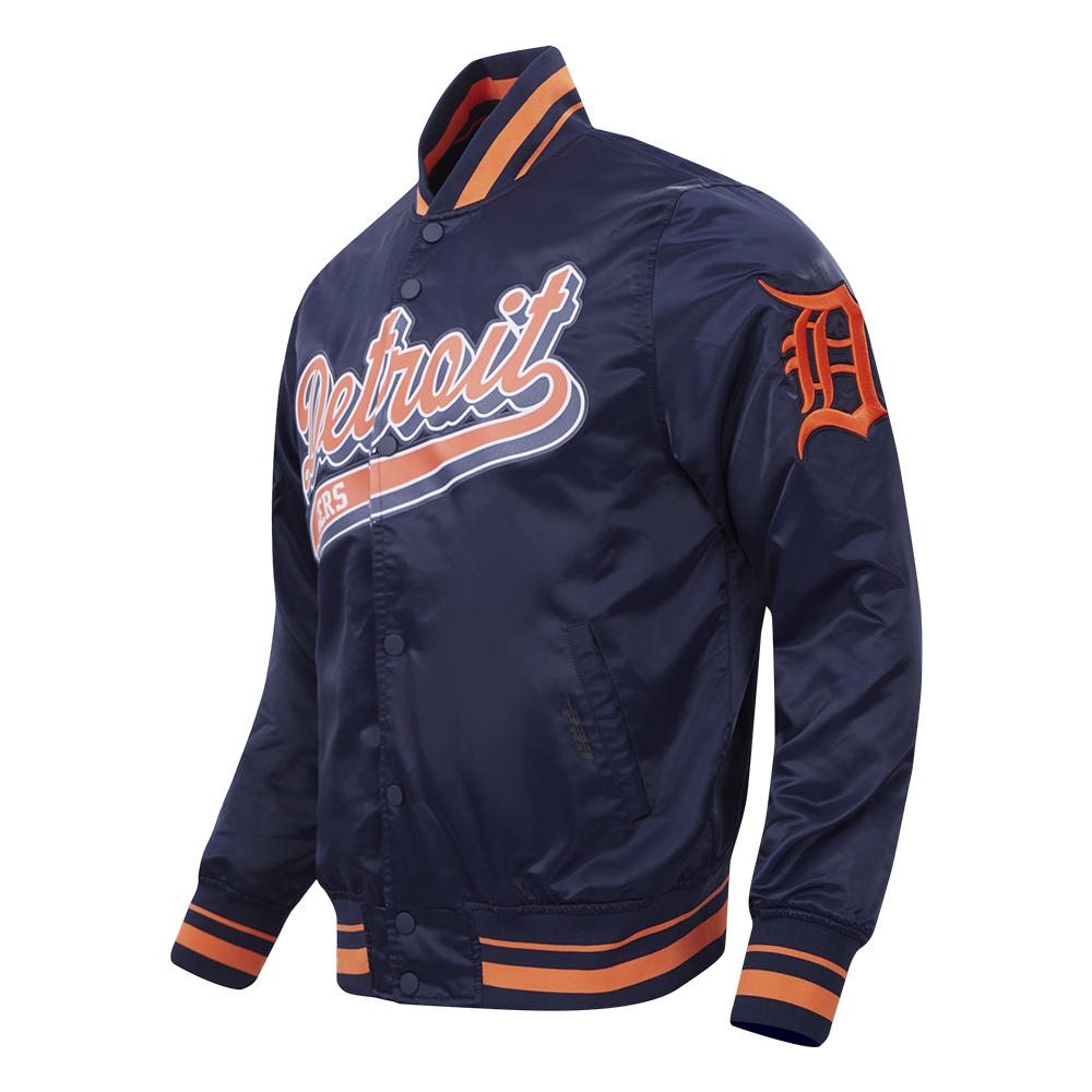 MLB DETROIT TIGERS SCRIPT TAIL MEN'S SATIN JACKET (MIDNIGHT NAVY/ORANGE/MIDNIGHT NAVY)