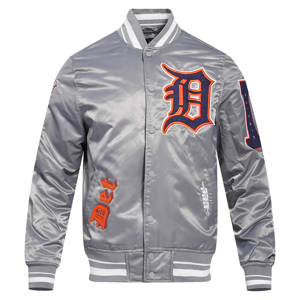MLB DETROIT TIGERS OLD ENGLISH BLOUSON EN SATIN À BORDS CÔTELÉS POUR HOMME (GRIS)