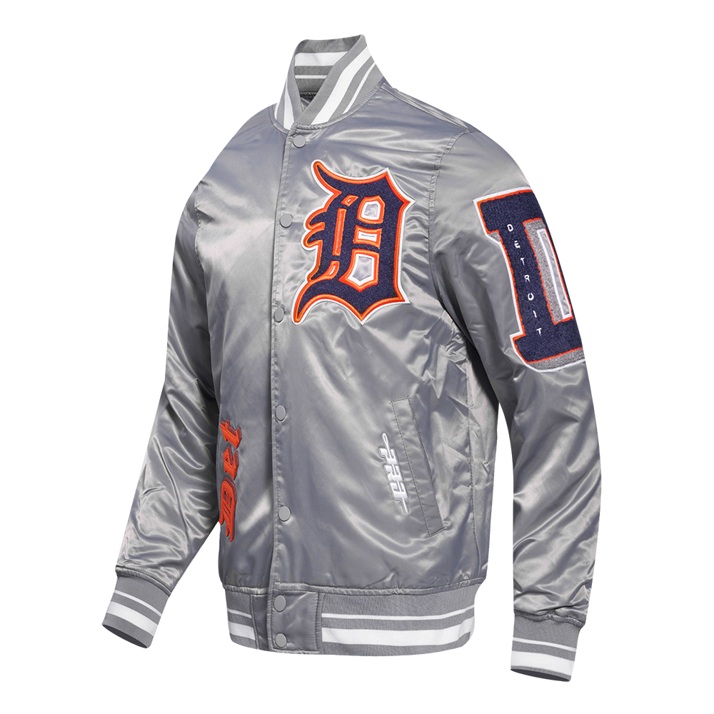 MLB DETROIT TIGERS OLD ENGLISH BLOUSON EN SATIN À BORDS CÔTELÉS POUR HOMME (GRIS)