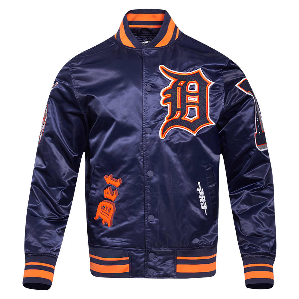 MLB DETROIT TIGERS OLD ENGLISH BLOUSON EN SATIN À BORDS CÔTELÉS POUR HOMME (MARINE MINUIT/ORANGE/MARINE MINUIT)
