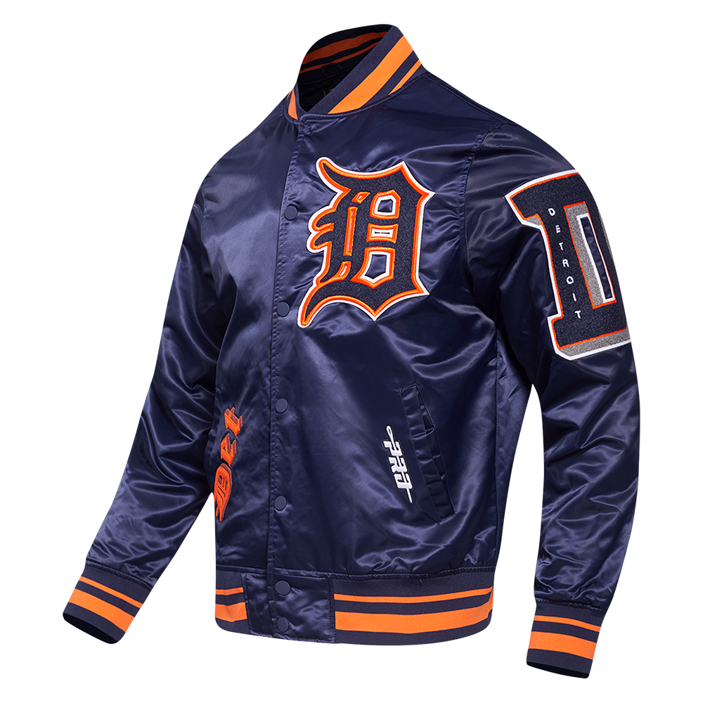 MLB DETROIT TIGERS OLD ENGLISH BLOUSON EN SATIN À BORDS CÔTELÉS POUR HOMME (MARINE MINUIT/ORANGE/MARINE MINUIT)