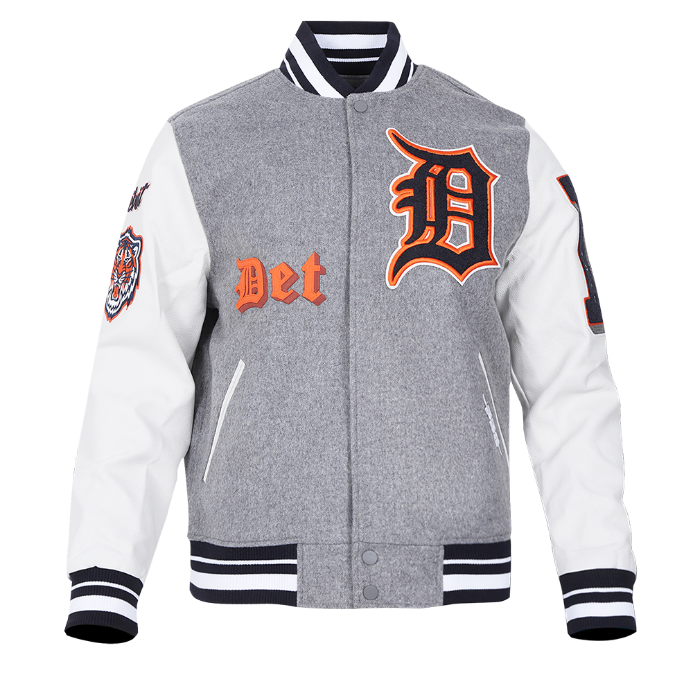MLB DETROIT TIGERS OLD ENGLISH BLOUSON COLLÉGIAL EN LAINE À BORDS CÔTELÉS POUR HOMME (GRIS CHINÉ/BLANC/MARINE MINUIT)