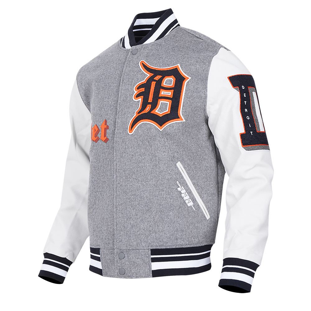MLB DETROIT TIGERS OLD ENGLISH MEN'S RIB WOOL VARSITY JACKET (HEATHER GREY/WHITE/MIDNIGHT NAVY)