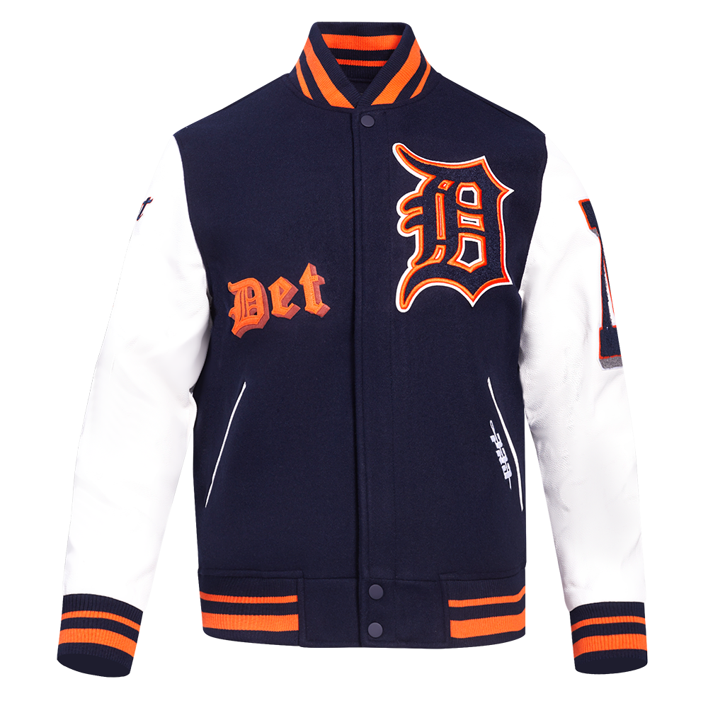 MLB DETROIT TIGERS OLD ENGLISH BLOUSON COLLÉGIAL EN LAINE À BORDS CÔTELÉS POUR HOMME (MARINE MINUIT/ORANGE/MARINE MINUIT)