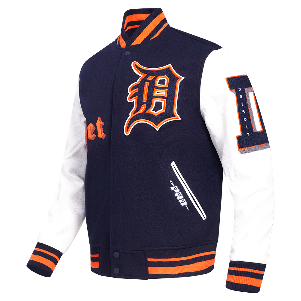 MLB DETROIT TIGERS OLD ENGLISH MEN'S RIB WOOL VARSITY JACKET (MIDNIGHT NAVY/ORANGE/MIDNIGHT NAVY)