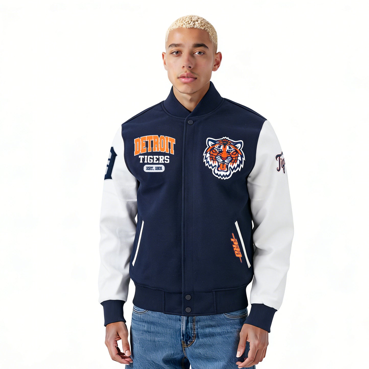 MLB DETROIT TIGERS CITY ARCH MEN'S WOOL VARSITY JACKET (MIDNIGHT NAVY/WHITE)