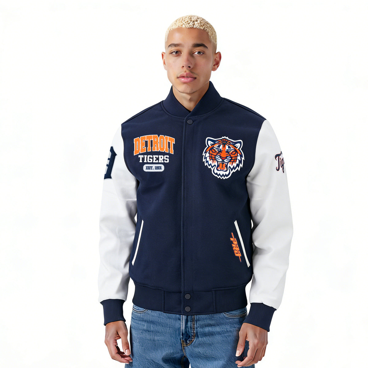 MLB DETROIT TIGERS CITY ARCH MEN'S WOOL VARSITY JACKET (MIDNIGHT NAVY/WHITE)