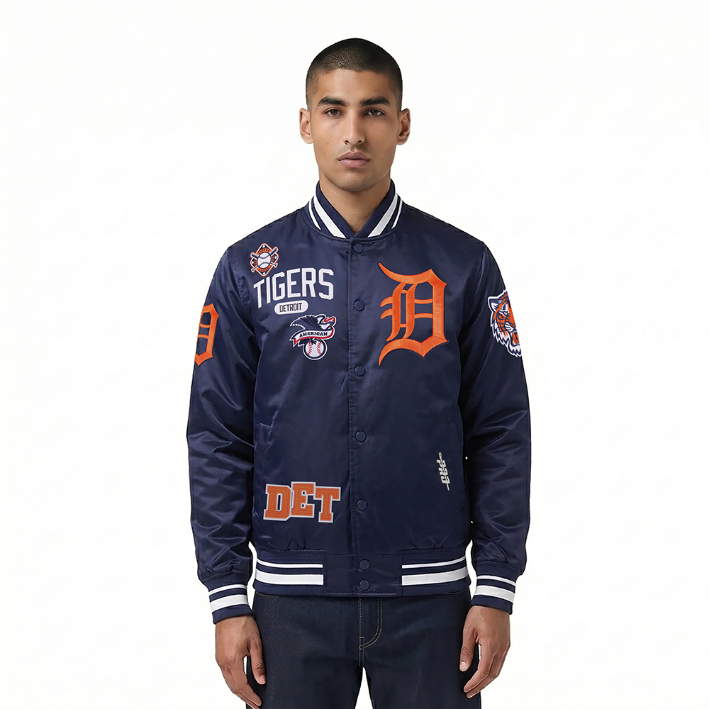 MLB DETROIT TIGERS LETTERMAN BLOUSON EN SATIN POUR HOMME (MARINE MINUIT)