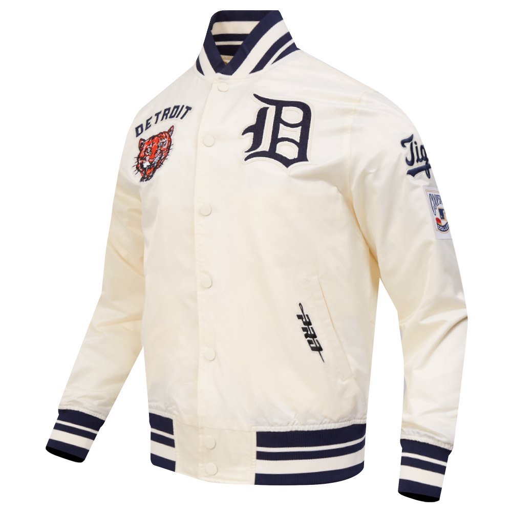MLB DETROIT TIGERS RETRO CLASSICS BLOUSON PRO EN SATIN À BORDS CÔTELÉS TEINTS EN FIL POUR HOMME (COQUILLE D'ŒUF/MARINE MINUIT)