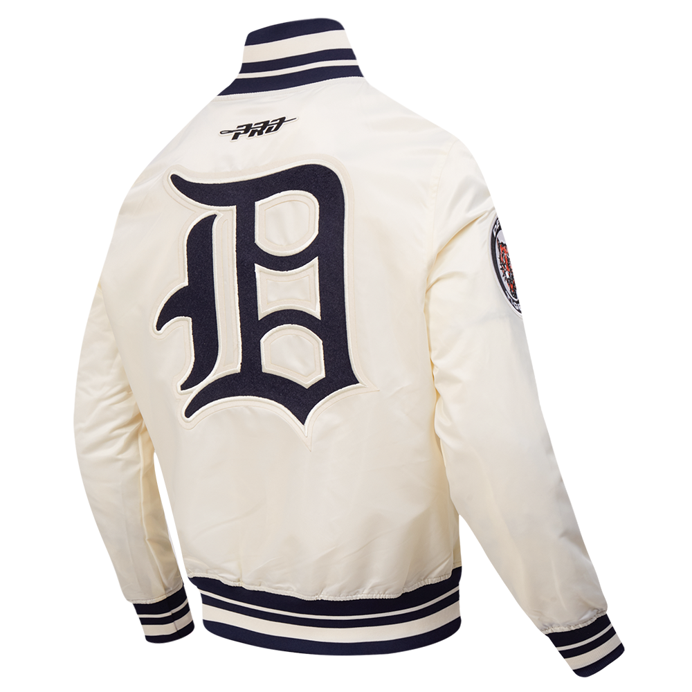 MLB DETROIT TIGERS RETRO CLASSICS BLOUSON PRO EN SATIN À BORDS CÔTELÉS TEINTS EN FIL POUR HOMME (COQUILLE D'ŒUF/MARINE MINUIT)