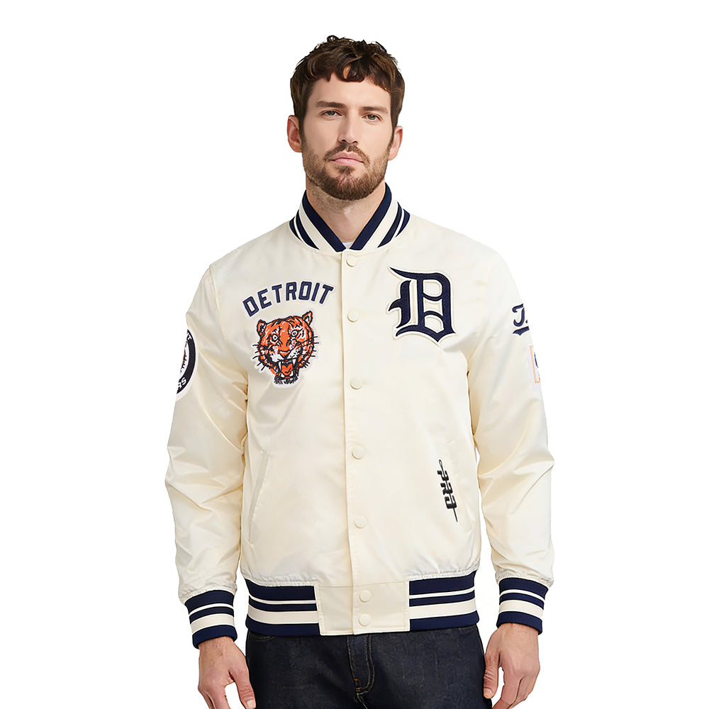 MLB DETROIT TIGERS RETRO CLASSICS BLOUSON PRO EN SATIN À BORDS CÔTELÉS TEINTS EN FIL POUR HOMME (COQUILLE D'ŒUF/MARINE MINUIT)