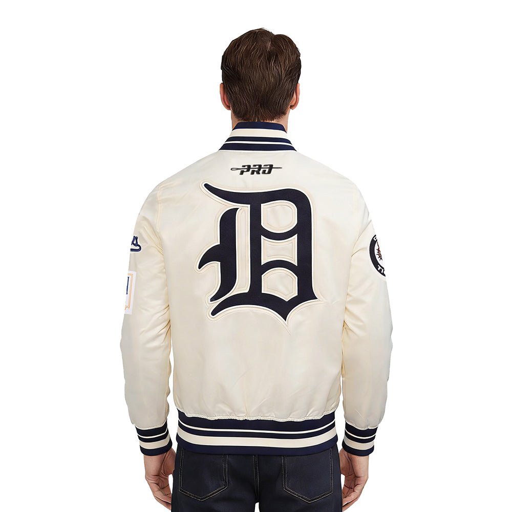 MLB DETROIT TIGERS RETRO CLASSICS BLOUSON PRO EN SATIN À BORDS CÔTELÉS TEINTS EN FIL POUR HOMME (COQUILLE D'ŒUF/MARINE MINUIT)