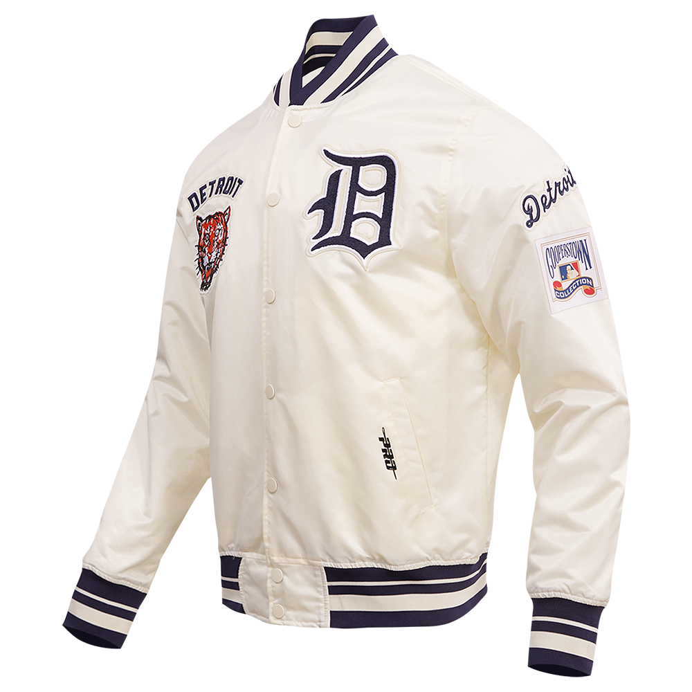 MLB DETROIT TIGERS RETRO CLASSIC MEN'S RIB SATIN JACKET (EGGSHELL/ MIDNIGHT NAVY)