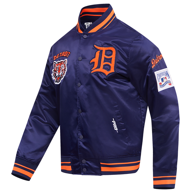 MLB DETROIT TIGERS RETRO CLASSIC MEN'S RIB SATIN JACKET (MIDNIGHT NAVY/ORANGE/MIDNIGHT NAVY)
