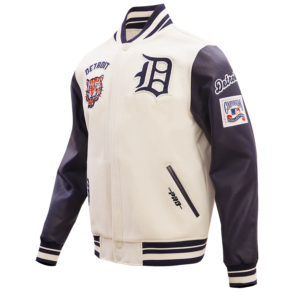 MLB DETROIT TIGERS RETRO CLASSIC MEN'S RIB WOOL VARSITY JACKET (EGGSHELL/MIDNIGHT NAVY)