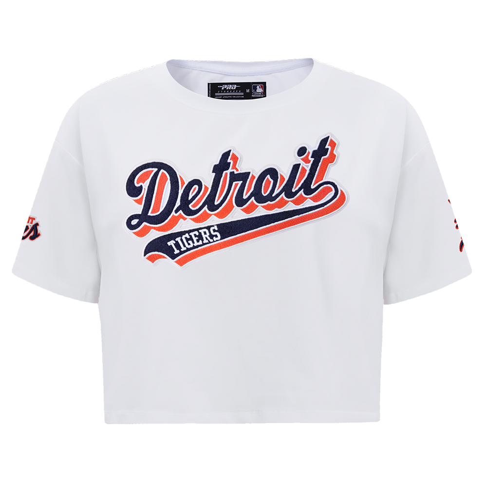 MLB DETROIT TIGERS SCRIPT TAIL WOMEN'S SINGLE JERSEY BOXY TOP (WHITE)