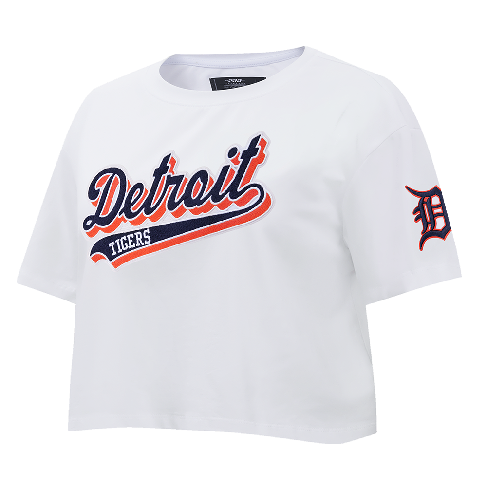 MLB DETROIT TIGERS SCRIPT TAIL WOMEN'S SINGLE JERSEY BOXY TOP (WHITE)