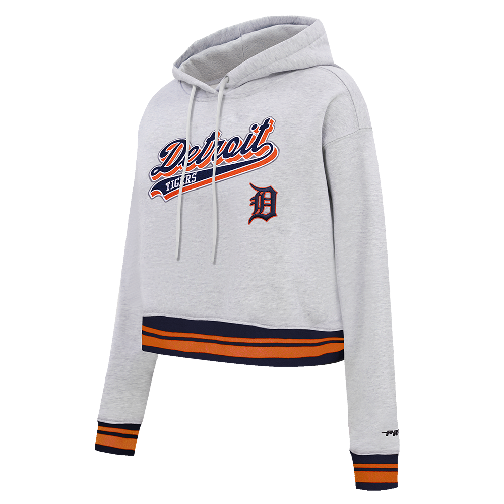 MLB DETROIT TIGERS SCRIPT TAIL WOMEN'S RIB FLEECE CROPPED PULLOVER HOODIE (HEATHER GREY/MIDNIGHT NAVY/ORANGE)