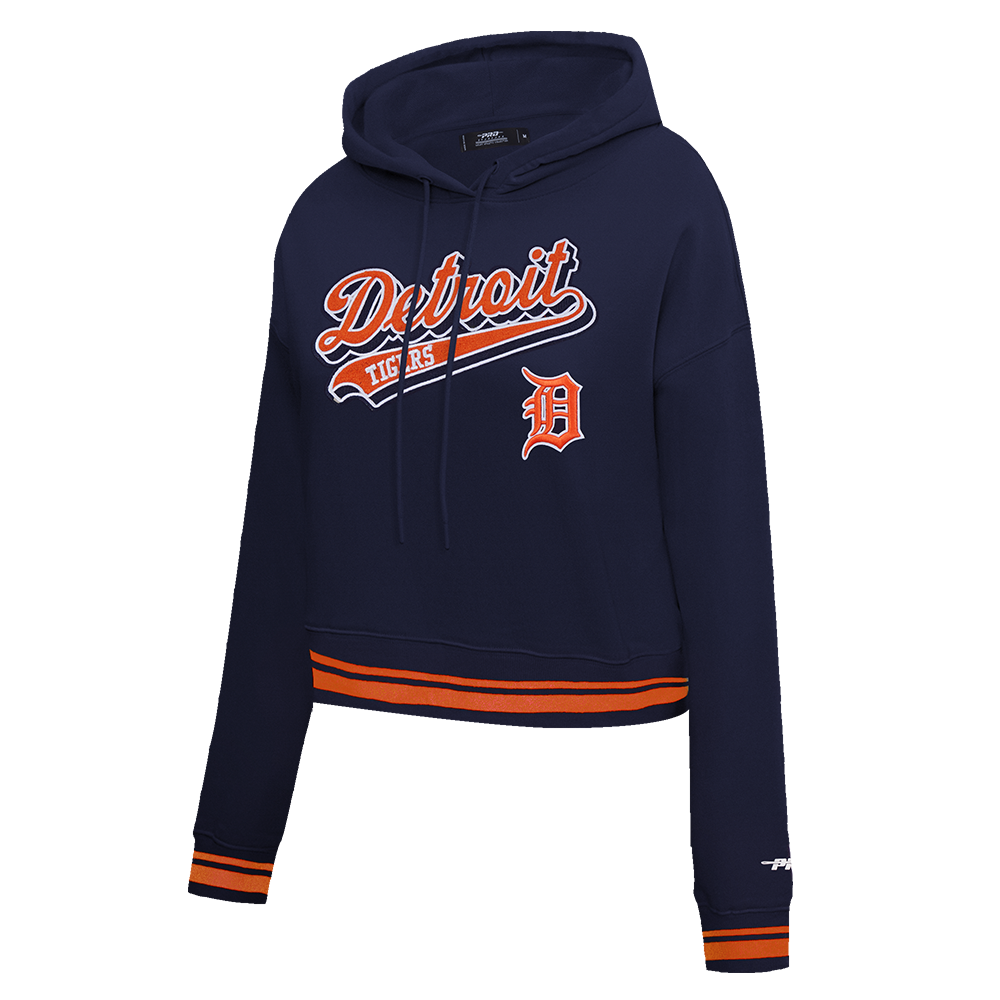 MLB DETROIT TIGERS SCRIPT TAIL WOMEN'S RIB FLEECE CROPPED PULLOVER HOODIE (MIDNIGHT NAVY/ORANGE/MIDNIGHT NAVY)