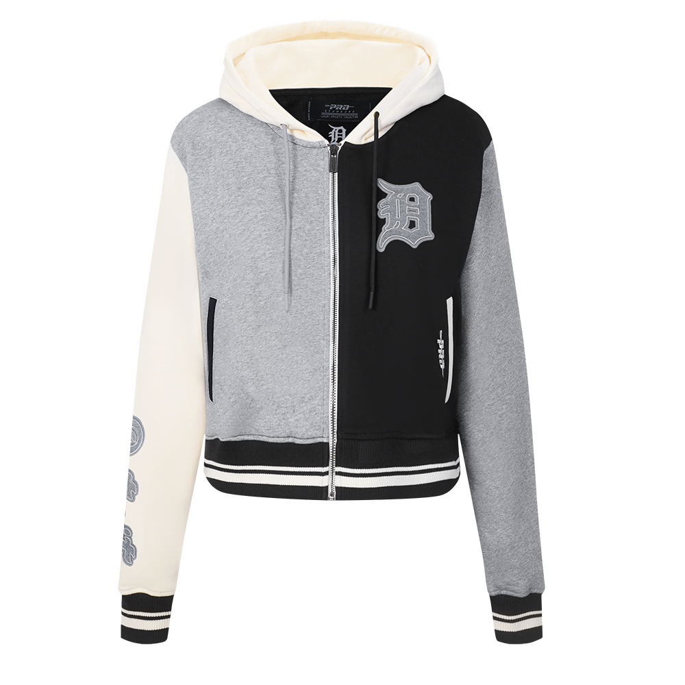 MLB DETROIT TIGERS REVERSE FRENCH TERRY CHANDAIL À CAPUCHON EN MOLLETON À GLISSIÈRE ET À BLOCS DE COULEUR POUR FEMME (NOIR/GRIS/COQUILLE D'ŒUF)