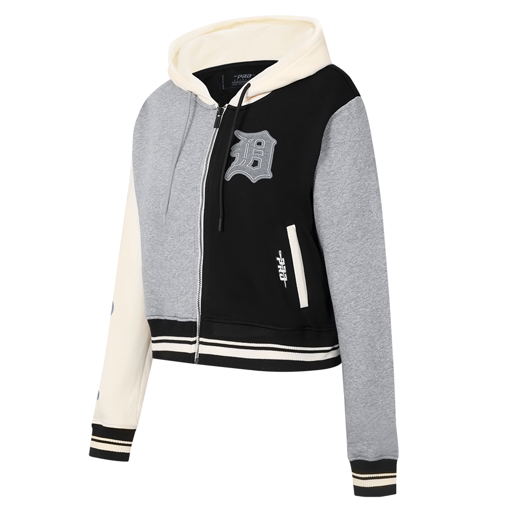 MLB DETROIT TIGERS REVERSE FRENCH TERRY WOMEN'S COLOR BLOCK FLEECE FULL ZIP HOODIE (BLACK/GRAY/EGGSHELL)