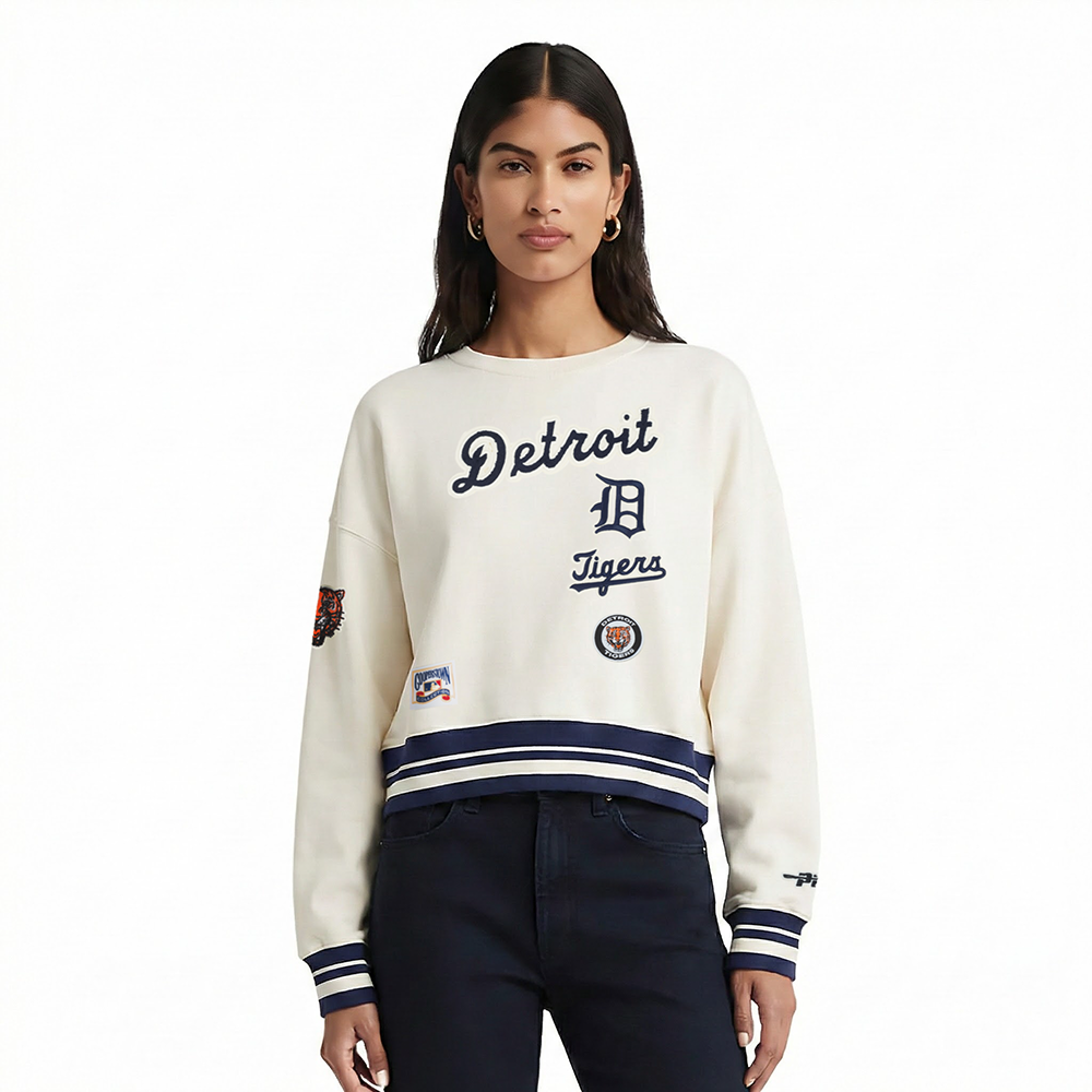 MLB DETROIT TIGERS  RETRO CLASSIC WOMEN'S RIB FLC CREWNECK (EGGSHELL/ MIDNIGHT NAVY)
