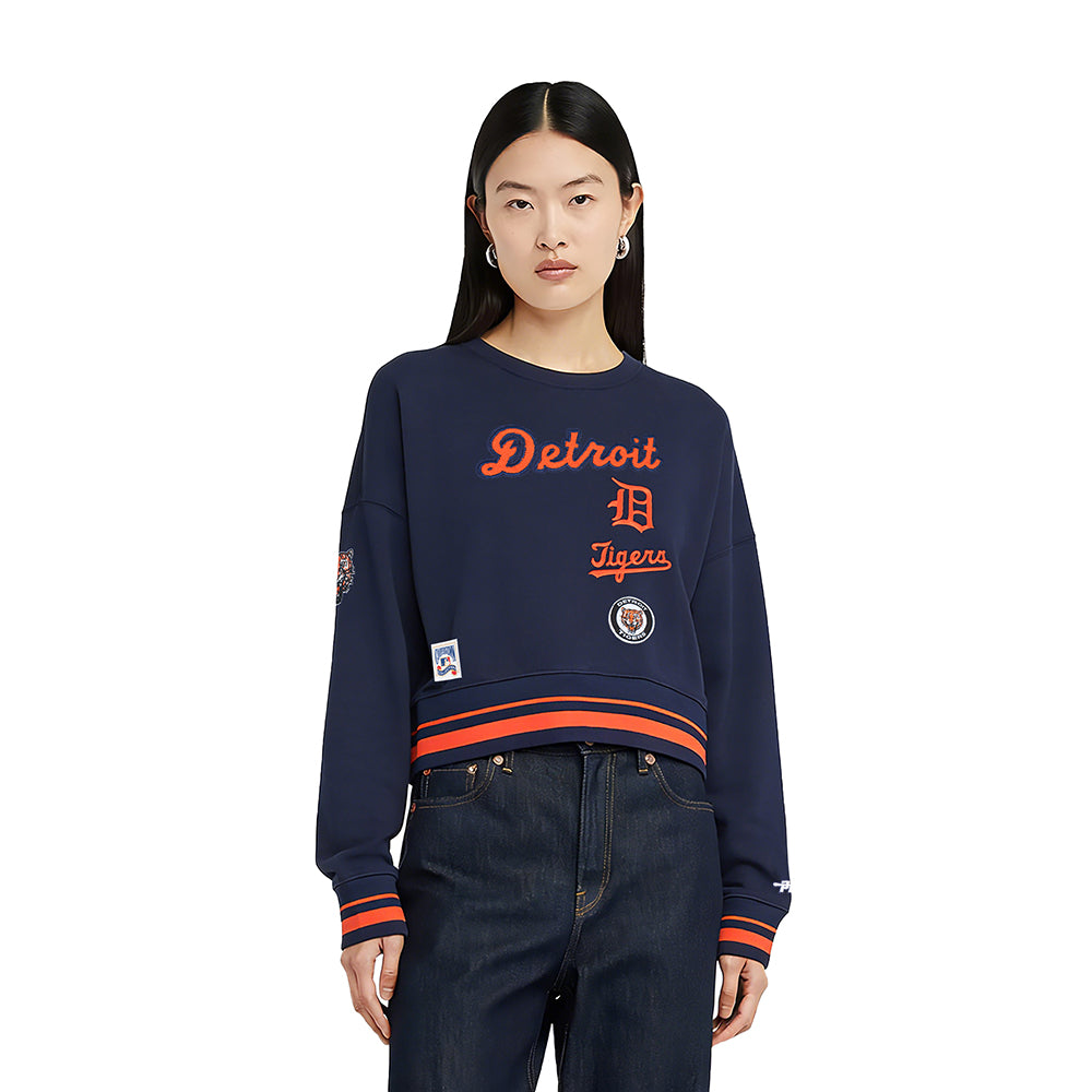 MLB DETROIT TIGERS  RETRO CLASSIC WOMEN'S RIB FLC CREWNECK (MIDNIGHT NAVY/ORANGE/MIDNIGHT NAVY)