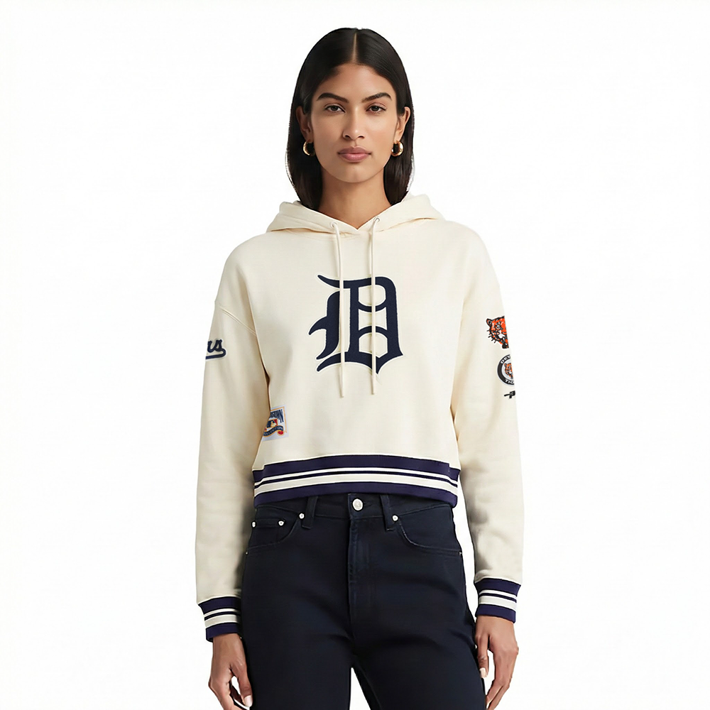 MLB DETROIT TIGERS RETRO CLASSIC CHANDAIL À CAPUCHON COURT EN MOLLETON CÔTELÉ POUR FEMME (COQUILLE D'ŒUF/MARINE MINUIT)