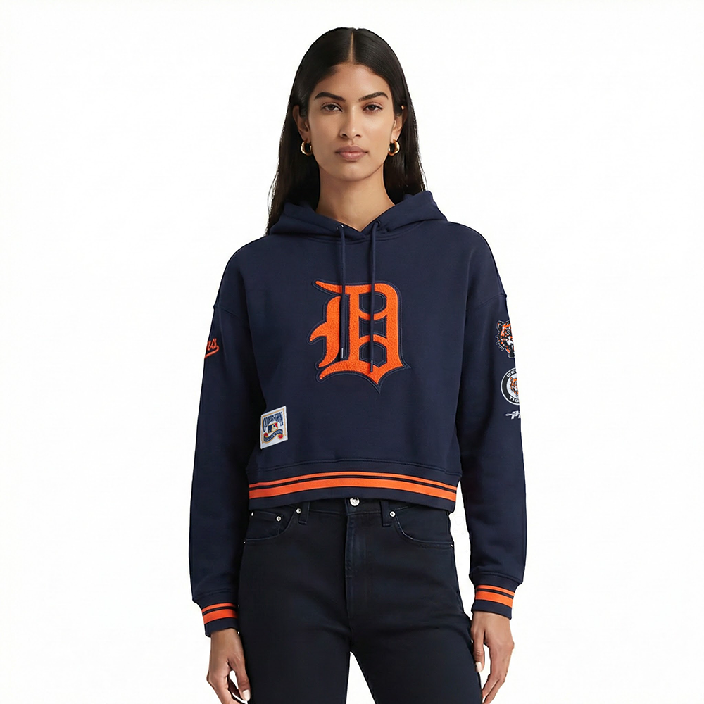MLB DETROIT TIGERS  RETRO CLASSIC WOMEN'S RIB FLC CROPPED PO HOODIE (MIDNIGHT NAVY/ORANGE/MIDNIGHT NAVY)