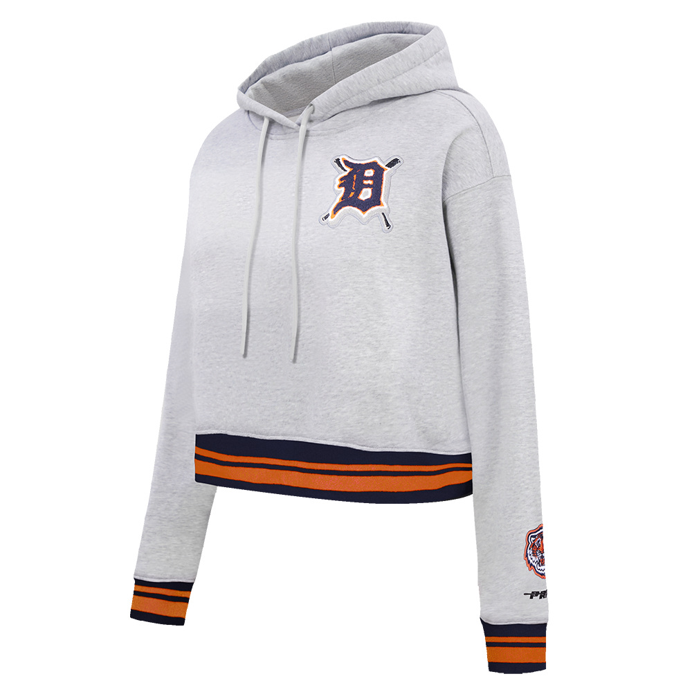 MLB DETROIT TIGERS MASHUP WOMEN'S RIB CROPPED PULLOVER HOODIE (HEATHER GREY/MIDNIGHT NAVY/ORANGE)