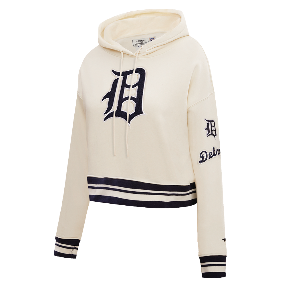 MLB DETROIT TIGERS RETRO CLASSIC WOMEN'S RIB CROPPED PULLOVER HOODIE (EGGSHELL/MIDNIGHT NAVY)