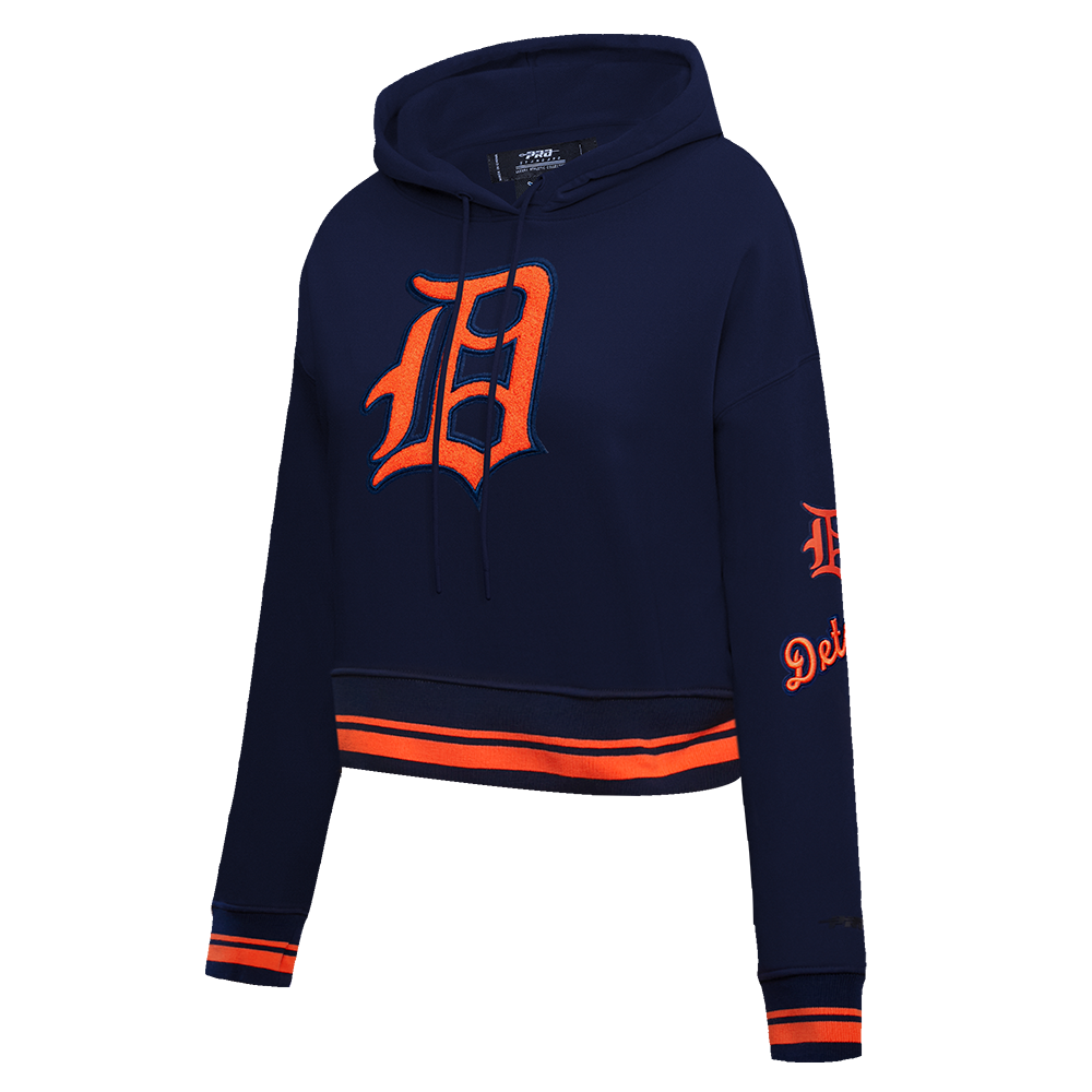 MLB DETROIT TIGERS RETRO CLASSIC WOMEN'S RIB CROPPED PULLOVER HOODIE (MIDNIGHT NAVY/ORANGE/ MIDNIGHT)