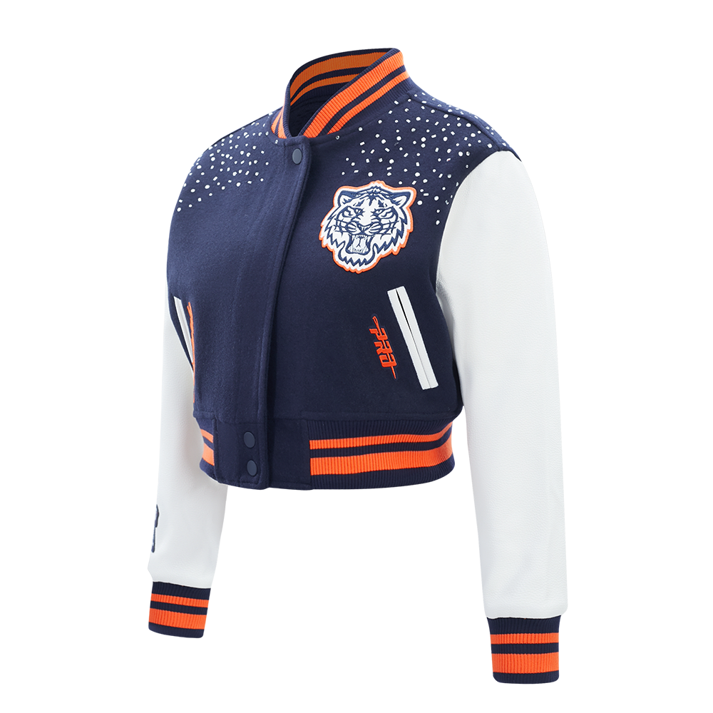 MLB DETROIT TIGERS LEGACY WOMEN'S CROPPED RIB WOOL VARSITY JACKET (MIDNIGHT NAVY/ORANGE/MIDNIGHT NAVY)